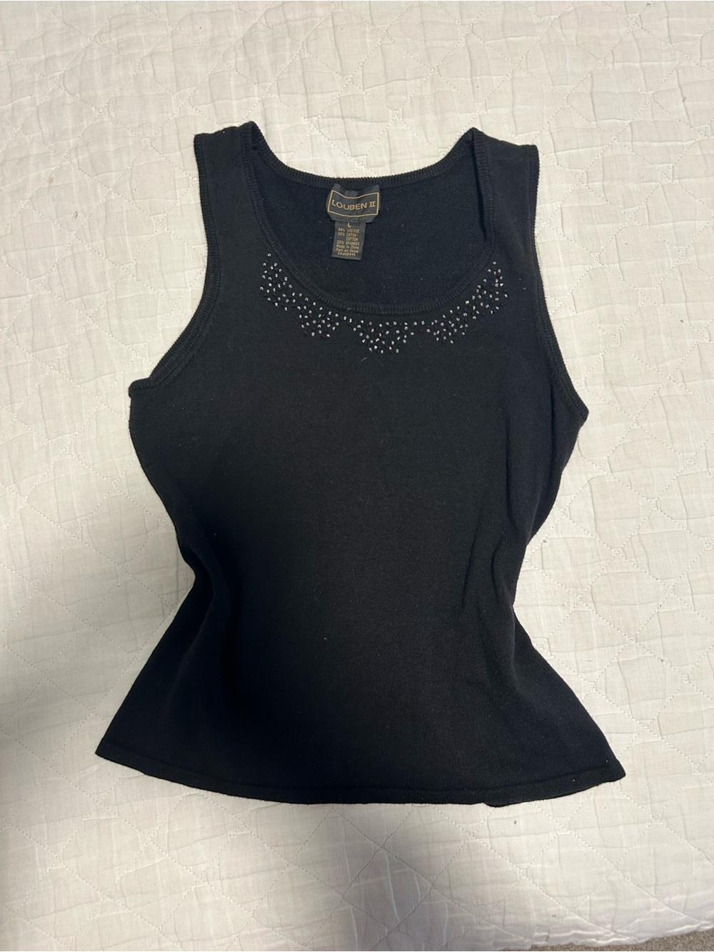 Vintage 90s Viscose Too- Black Sleeveless Tank with Rhinestone Detail